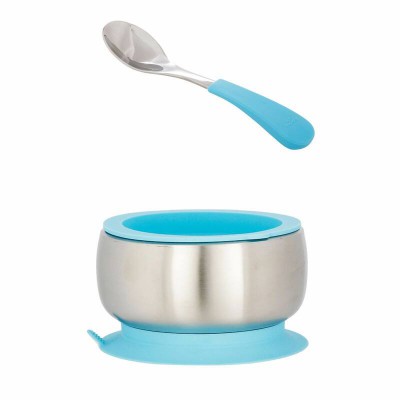 avanchy stainless steel suction bowl blue with spoon