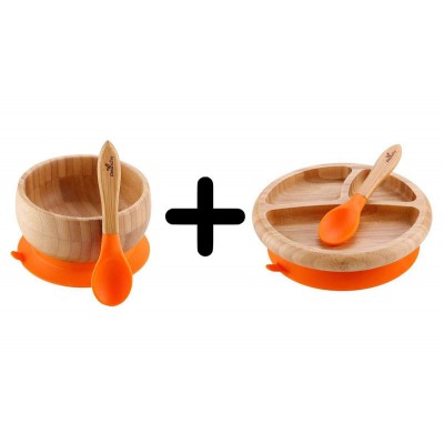Avanchy Combo: Bamboo Baby Suction Bowl Set + Toddler Suction Plate Set - Orange