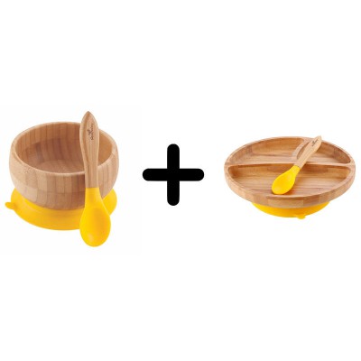Avanchy Combo: Bamboo Baby Suction Bowl Set + Toddler Suction Plate Set - Yellow