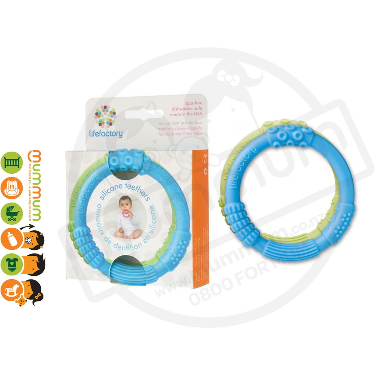 Lifefactory 2 Pack Multi Sensory Silicone Teether Blue Green US made